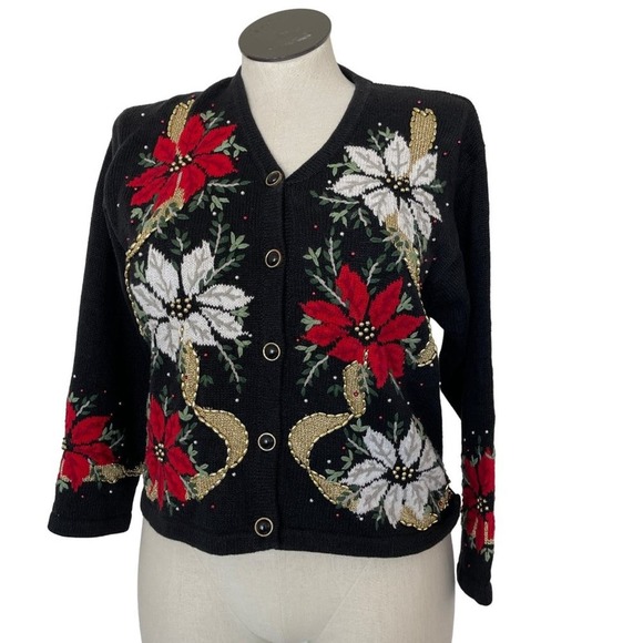 Design Options Cardigan Holiday Poinsettia Floral Black Beaded Size Large VTG - Picture 2 of 12